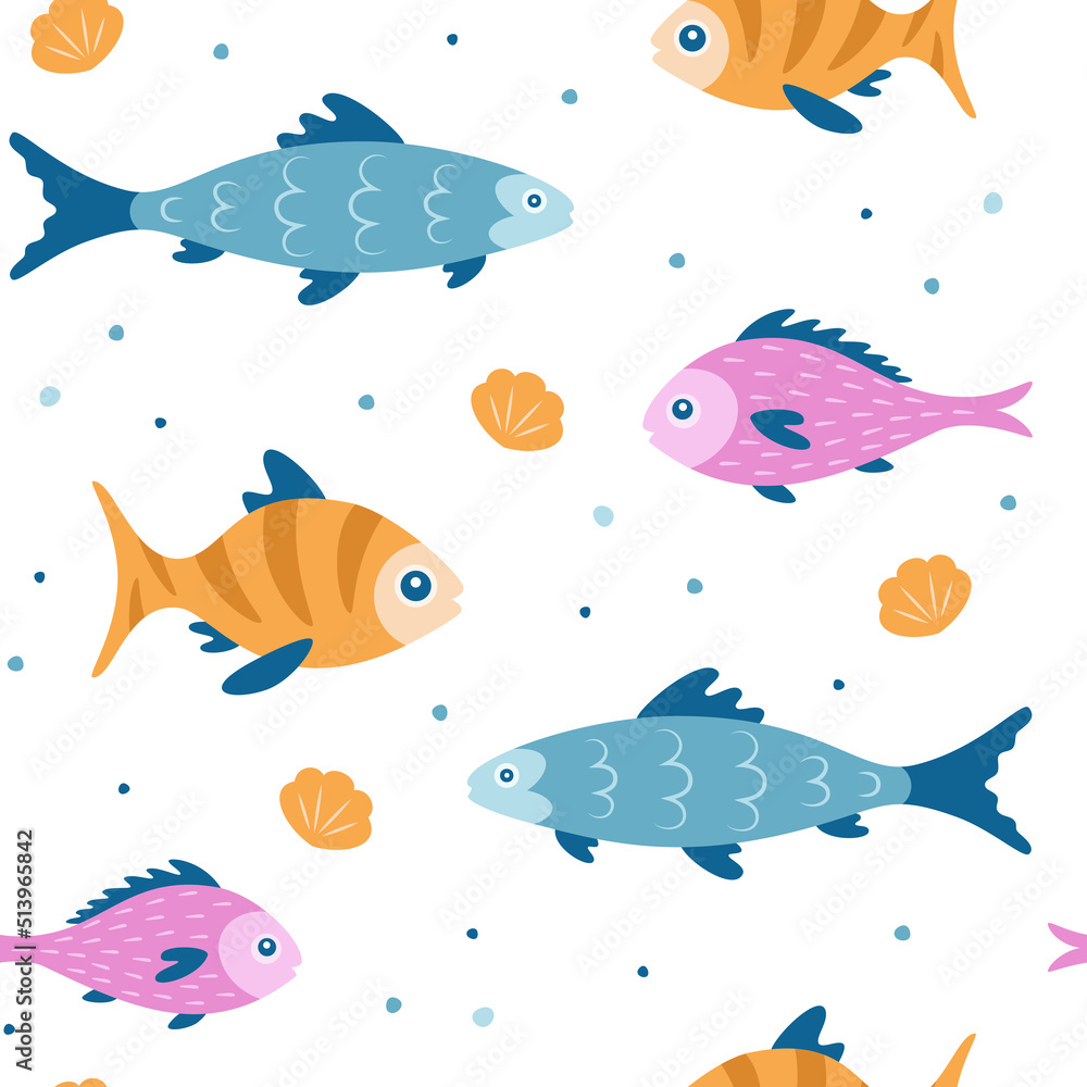 Naklejka premium Cartoon fish seamless pattern. Sea life theme background with different tropical fish. Ocean, wildlife or baby animals wallpaper. Flat design.