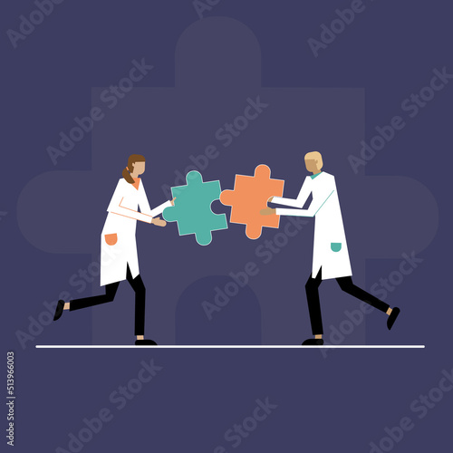 Vector of two doctors man and woman in uniform putting puzzle pieces together a symbol of team work, medical decision and collaboration. Scientists or doctors with puzzle and copy space. Flat vector s