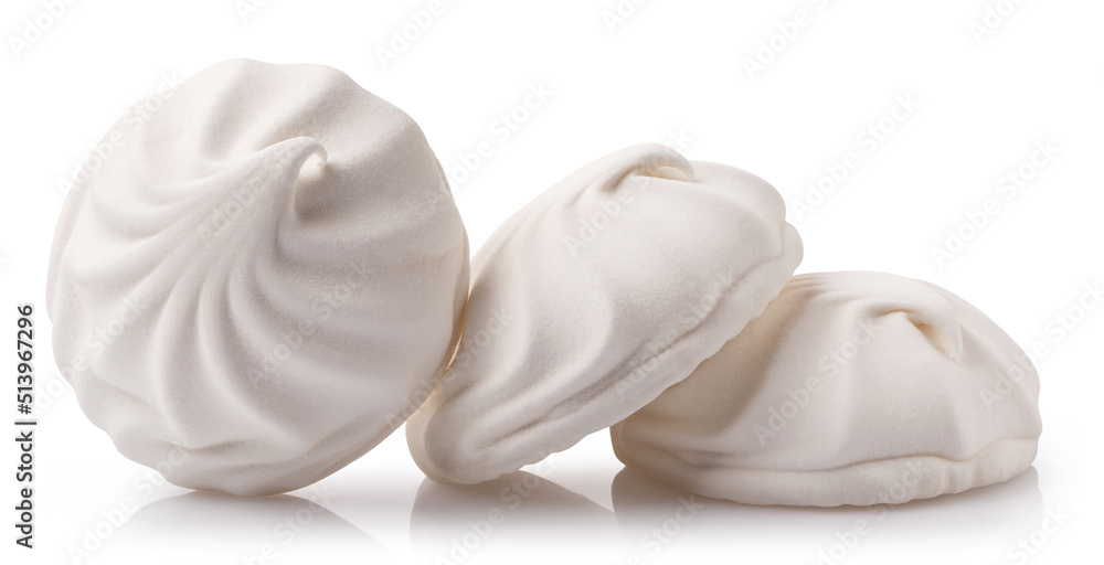 Delicious sweet dessert white zephyr marshmallows, isolated on white background