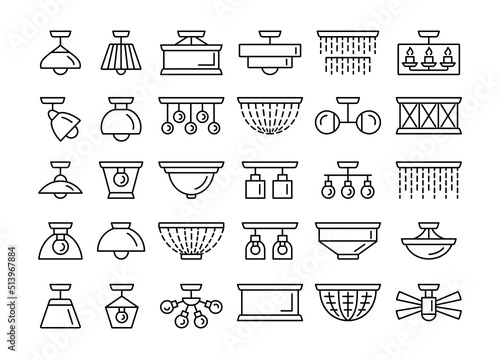 Ceiling lamps. Flush mount lights. Modern and traditional led fixtures. Line icon set. Signs for lighting and electric stores