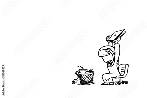 Angry female worker try to smash his laptop. Concept of work stress. Cartoon vector illustration design