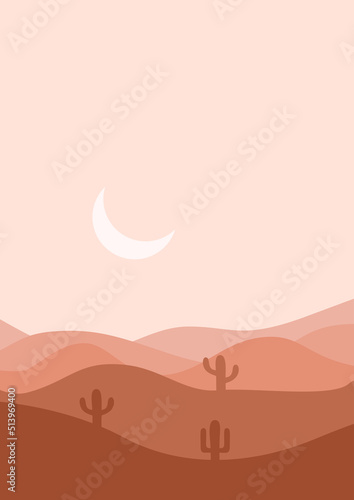 desert flat landscape vector illustration. Sunset Desert and Cactus Landscape illustration.mountains and cactus in flat cartoon style.