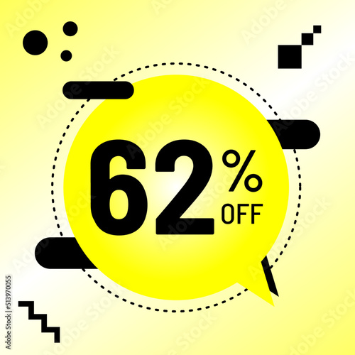 62 percent off, big promotion, yellow balloon black detail