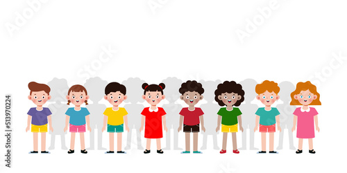 Set of diverse happy kids Standing isolated on white background. Different nationalities and dress styles. European children, America's Children, Asian children,African kids, Vector Illustration