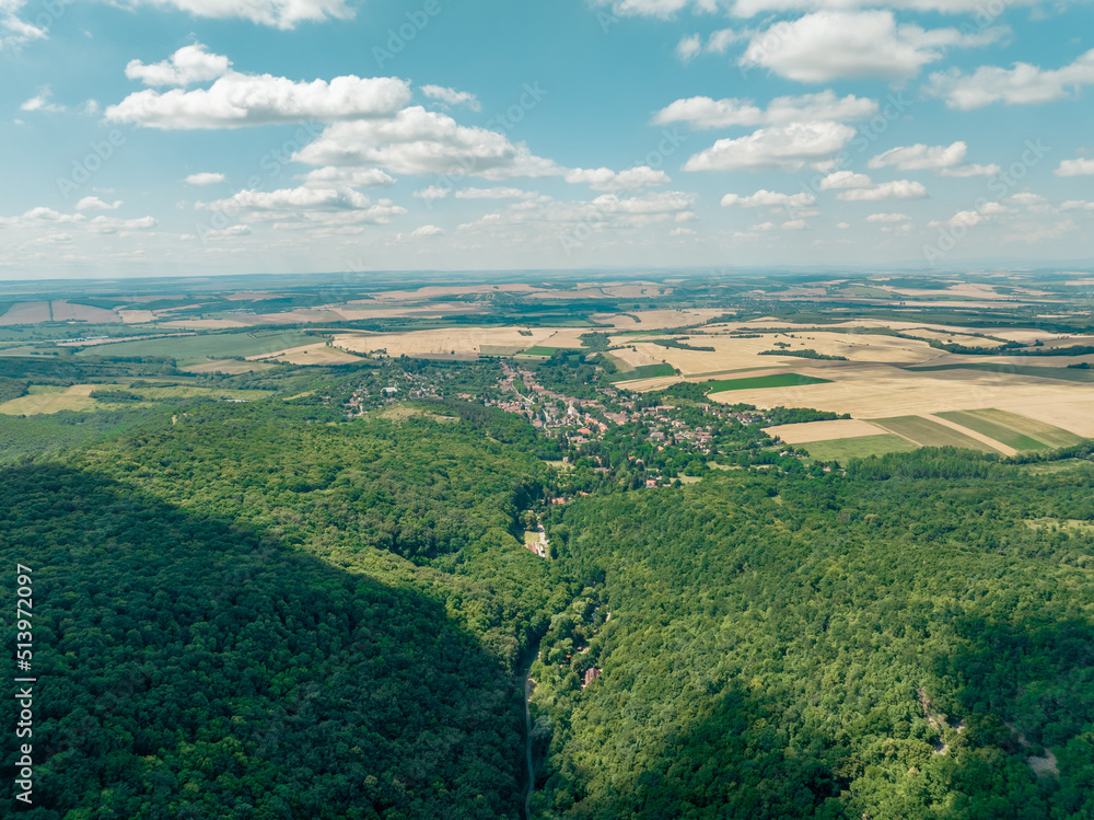 Fototapeta premium Hungary - Nagyborzsony (Nagybörzsöny) - Borzsony hills (Börzsöny hills) and around the forest from drone view. one of the closest mountains to Budapest, which provides a great hiking opportunity