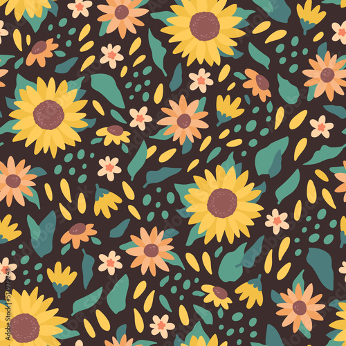 Cute vector seamless pattern with sunflowers, seeds and leaves on dark background. Beautiful floral design for fabric and print materials. Yellow, brown and green concept for texture background