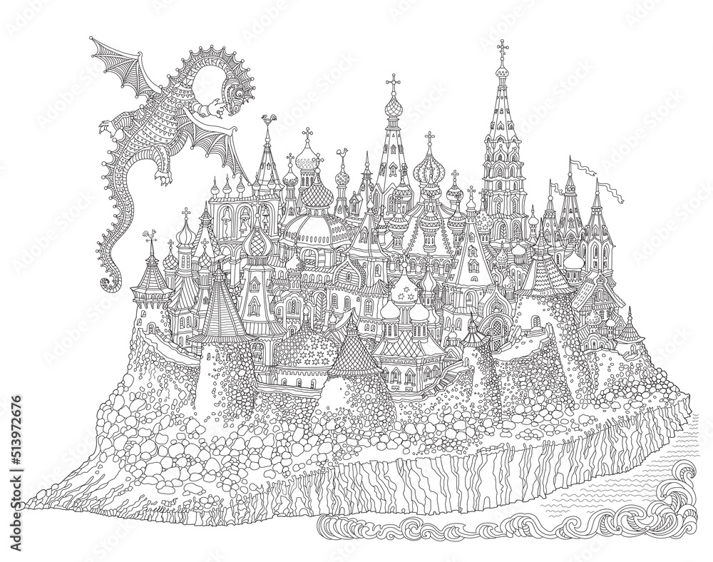 Vector cartoon flying dragon and fairy tale medieval Russian island ...