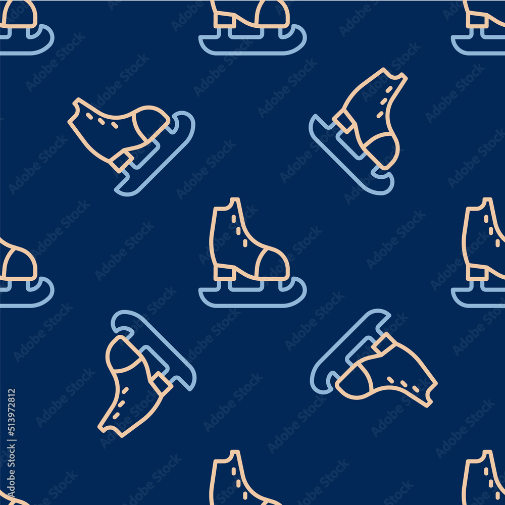 Line Skates icon isolated seamless pattern on blue background. Ice skate shoes icon. Sport boots with blades. Vector