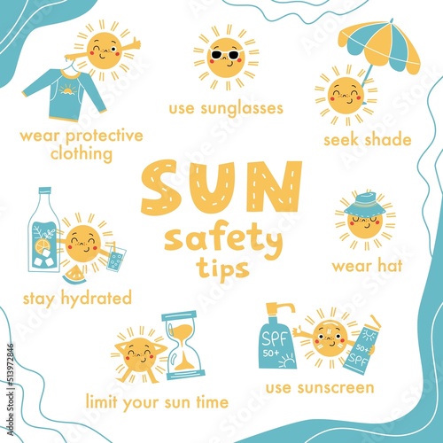 Sun safety tips with sun character for kids. Vector hand drawn cartoon poster.