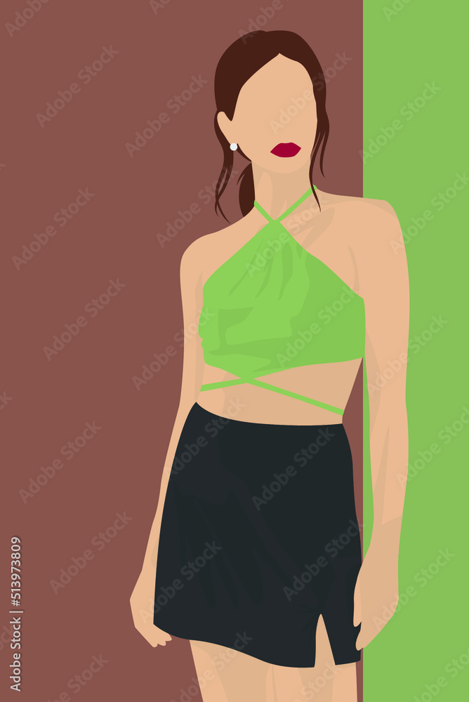 Vector flat image of a girl with brown hair. A lady in a green top and ...