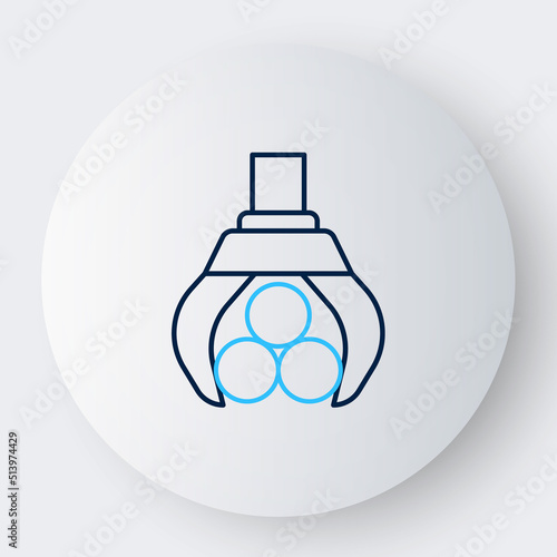 Line Grapple crane grabbed a log icon isolated on white background. Forest industry. Industrial crane for lumber trunk wood production. Colorful outline concept. Vector