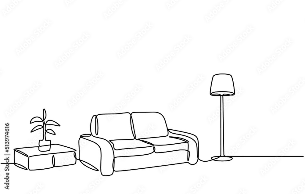 Continuous line drawing of furniture for living room interior with ...