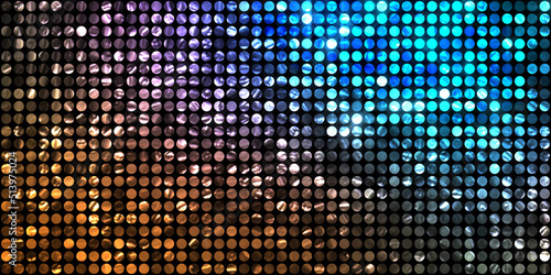 Shining lights party leds on black background. Digital illustration of stage or stadium spotlights. Glowing pattern wallpaper. Glamour background of colorful lights with spotlights.