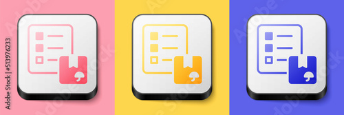 Isometric Verification of delivery list clipboard icon isolated on pink, yellow and blue background. Square button. Vector