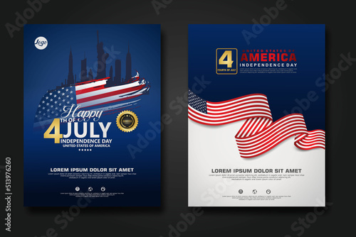 Set poster design united states of America happy Independence Day background template