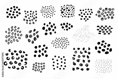 Seamless polka dot set. Black hand-drawn spirals, commas, brushes isolated on white background. Neutral cozy ornament. Various points, rings, spots collection. Design element. Vector illustration