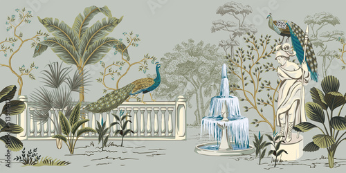 Park vintage Italian landscape, gallery, peacock, statue, fountain, palm trees floral seamless border grey background. Garden botanical mural.