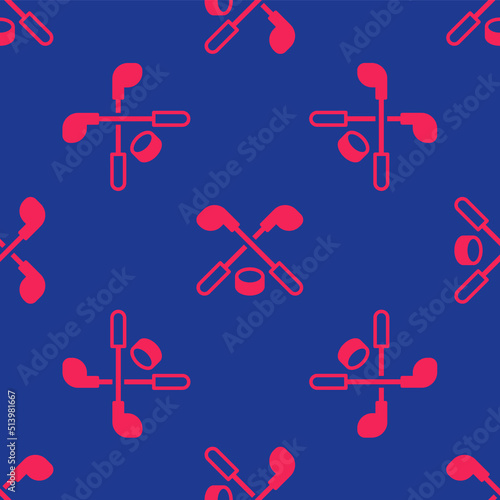 Red Ice hockey sticks and puck icon isolated seamless pattern on blue background. Game start. Vector