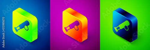 Isometric Baseball bat with ball icon isolated on blue, purple and green background. Square button. Vector