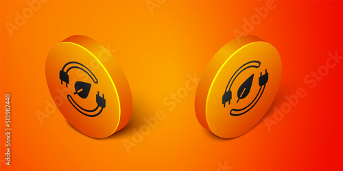 Isometric Electric saving plug in leaf icon isolated on orange background. Save energy electricity. Environmental protection. Bio energy. Orange circle button. Vector © Iryna