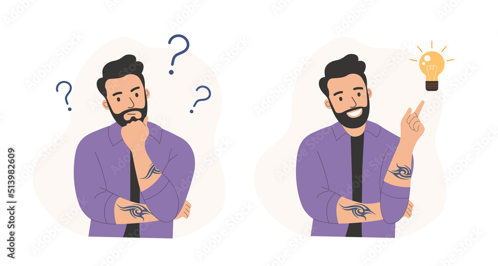 Young man with tattoo surrounded by a question mark and  finding new idea. Shiny light bulb.Flat style cartoon vector illustration.