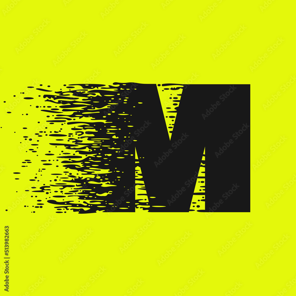 M letter logo in fast speed style. Dry brush stroke with grunge lines and dots. - obrazy, fototapety, plakaty 