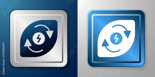 White Water energy icon isolated on blue and grey background. Ecology concept with water droplet. Alternative energy concept. Silver and blue square button. Vector
