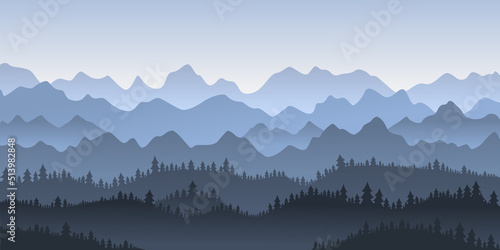 Abstract illustration of mountains silhouette view. Vector graphic landscape with mountains and trees. Morning panoramic with fog in a blue haze. Silhouettes of mountains plants against the dawn sky