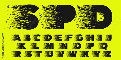 Alphabet in fast speed style. Dry brush stroke with grunge lines and dots.