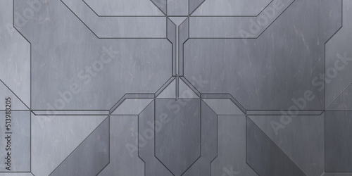 Fototapeta Naklejka Na Ścianę i Meble -  Futuristic conceptual design background. Spaceship texture wallpaper. Brushed technology pattern surface. 3D illustration. Symmetrical SciFi panels wall.