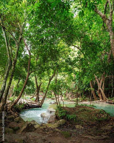 beautiful emerald waterfalls green forest mountains guiding for backpacker Thailand destinations backpacking camping relaxing hiking at Erawan waterfall national park, Sinakharin Dam, Kanchanaburi.