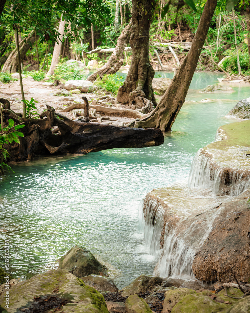 Fototapeta premium beautiful emerald waterfalls green forest mountains guiding for backpacker Thailand destinations backpacking camping relaxing hiking at Erawan waterfall national park, Sinakharin Dam, Kanchanaburi.