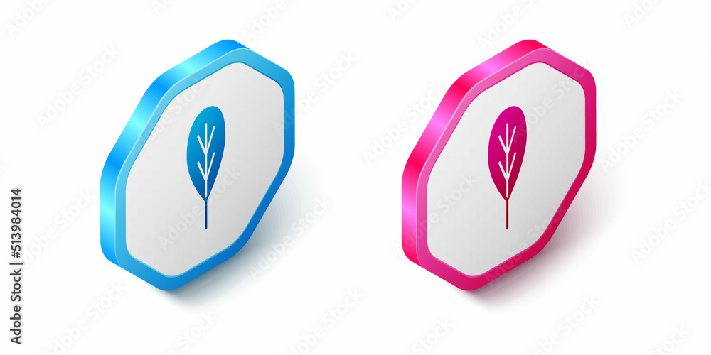 Isometric Leaf icon isolated on white background. Leaves sign. Fresh natural product symbol. Hexagon button. Vector Isometric Leaf icon isolated on white background. Leaves sign. Fresh natural product symbol. Hexagon button. Vector