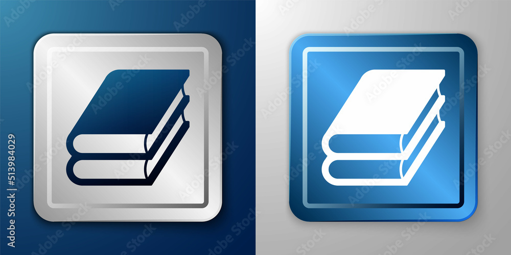 White Book icon isolated on blue and grey background. Silver and blue square button. Vector White Book icon isolated on blue and grey background. Silver and blue square button. Vector