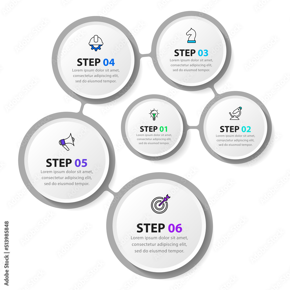 Infographic template. 6 connected circles with text and icons Infographic template. 6 connected circles with text and icons