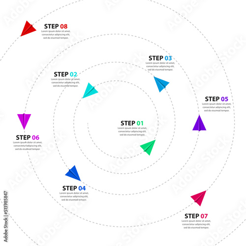 Infographic template. 8 paper planes with text in a spiral photo