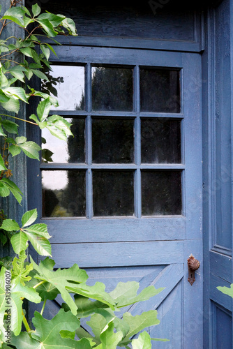 Rustic blue-painted wood door with inset grid of glass windows accented with greenery