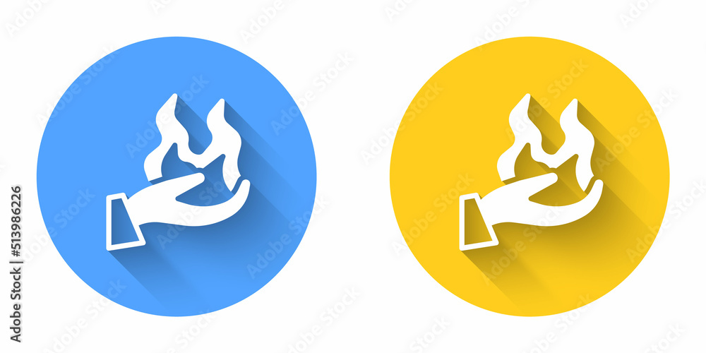 White Hand holding a fire icon isolated with long shadow background. Circle button. Vector White Hand holding a fire icon isolated with long shadow background. Circle button. Vector