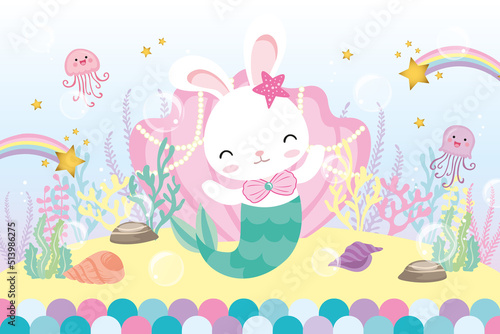 Cute underwater bunny mermaid illustration