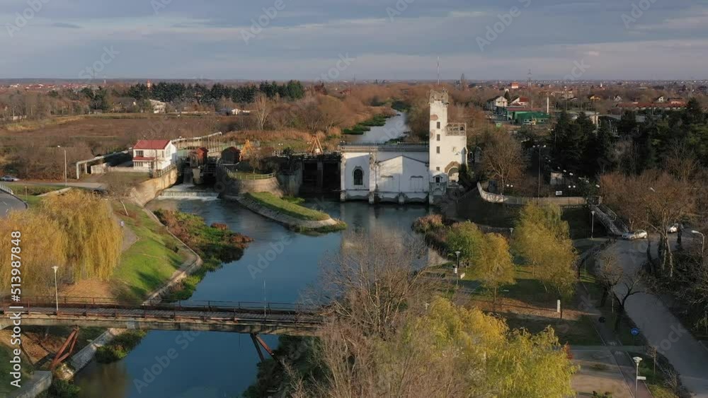 Timisoara aerial view - the hydropower plant of the river Bega Timisoara aerial view - the hydropower plant of the river Bega