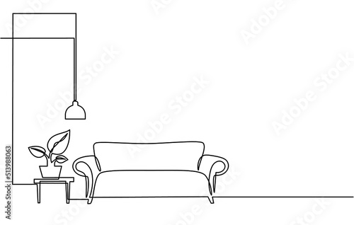 Continuous line drawing of furniture for living room interior with chair lamp and potted plants. Stylish furniture for the living room interior in doodle style.