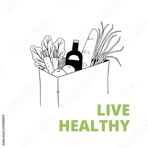 Linear vector Shopping bags with healthy food, vegetables, fruits. Supermarket. Motivational quote about food. Eco, organic, farm. Support local shop. Perfect for supermarkets, menu, shops, delivery