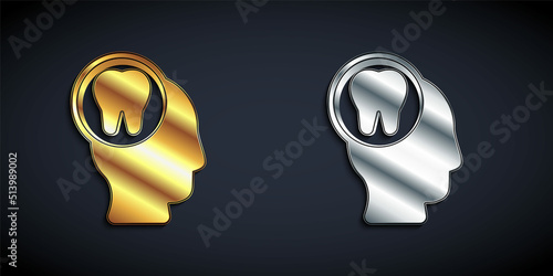 Gold and silver Toothache icon isolated on black background. Long shadow style. Vector