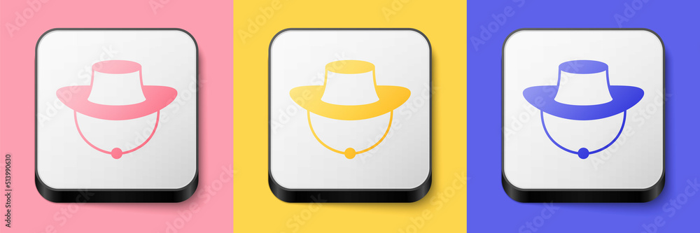 Isometric Fisherman hat icon isolated on pink, yellow and blue background. Square button. Vector Isometric Fisherman hat icon isolated on pink, yellow and blue background. Square button. Vector