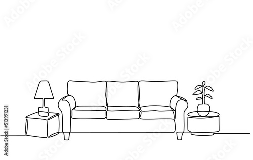 Continuous line drawing of furniture for living room interior with chair lamp and potted plants. Stylish furniture for the living room interior in doodle style.