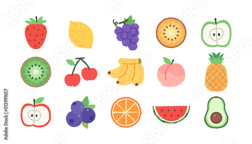Various fruits hand drawn icons. Cute fruits flat vector illustration.