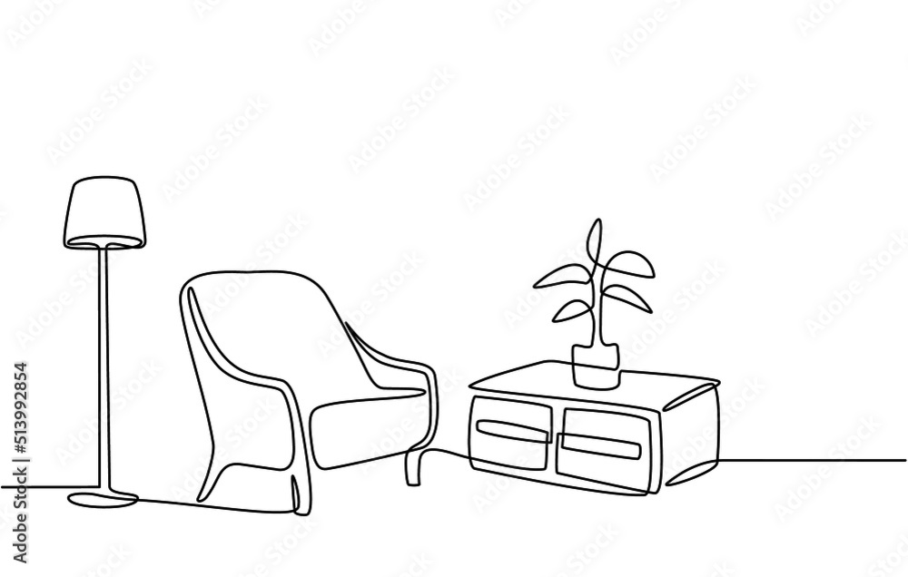Continuous line drawing of furniture for living room interior with