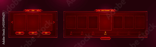 Hud frames for game shop and daily reward board. Vector cartoon illustration of gui design of red game screens with buttons and fire decoration isolated on background