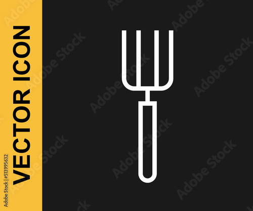 White line Garden pitchfork icon isolated on black background. Garden fork sign. Tool for horticulture  agriculture  farming. Vector