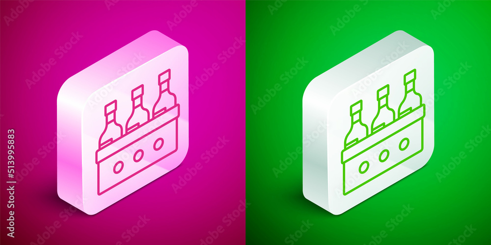 Isometric line Bottles of wine in a wooden box icon isolated on pink and green background. Wine bottles in a wooden crate icon. Silver square button. Vector